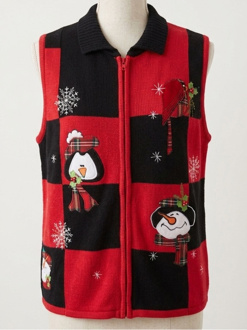 Christmas Sweater Vest Patchwork Zip Up 90s Embroidered Festive Holiday Size M